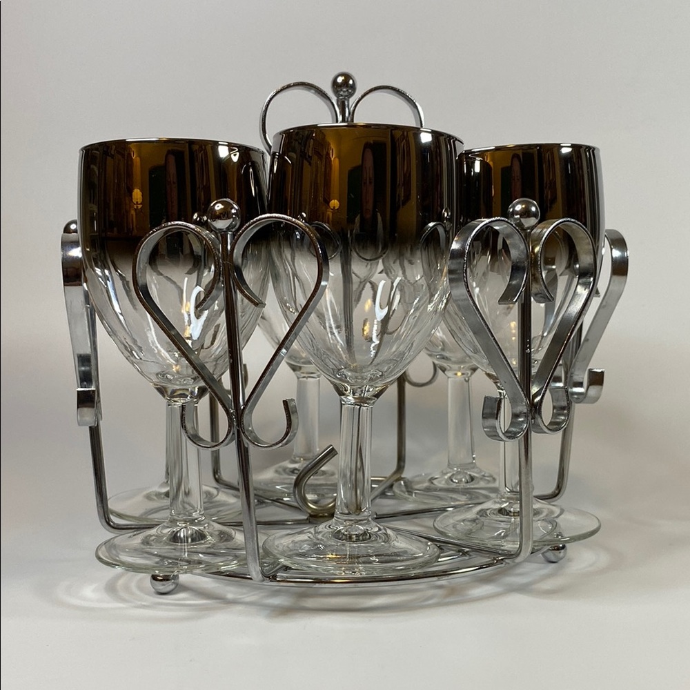 Vintage Luminarc silver fade wine glass set with a caddy,